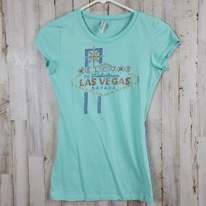 Las Vegas Beaded Short Sleeve Tee Shirt Teal Size Small